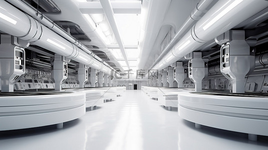 未来工厂背景图片_未来派工厂，一个原始白色空间的 3D 渲染内部，带有空的传送带