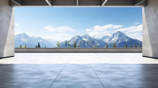 停车场背景的 3D 渲染，具有宁静的湖景山脉和蓝天