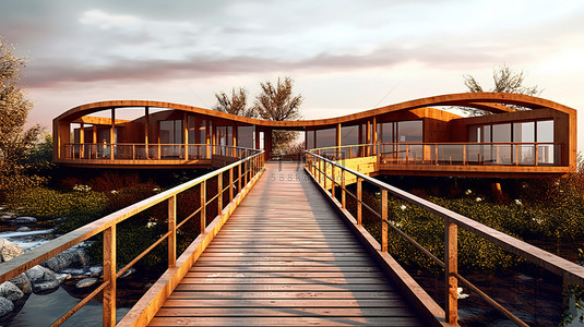外观建筑背景图片_3D 插图木桥通向美丽的建筑外观