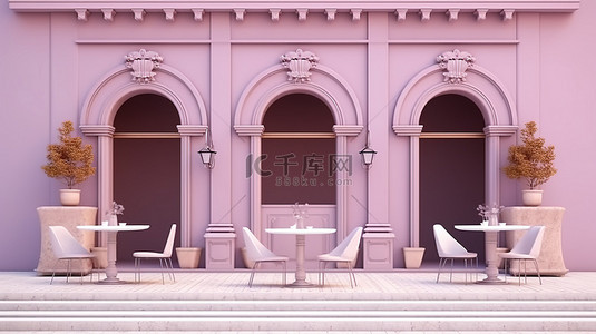 商业夏季背景图片_古典风格的商业 3D 渲染展示了一个户外咖啡馆，在美丽的柔和紫色背景上设有讲台