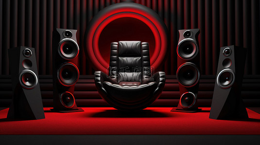 黑日背景图片_带红色扬声器系统和扶手椅的现代黑室的 3D 插图