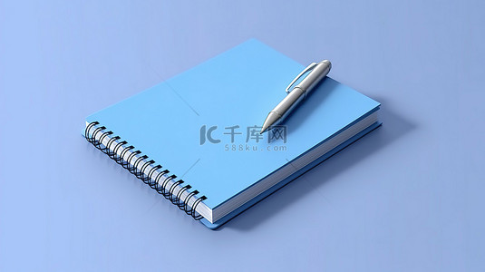 蓝色笔记本和笔的概念化极简主义 3D 渲染