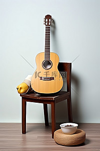 木椅上的尤克里里琴香蕉和巧克力