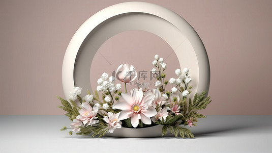 花卉邀请卡与椭圆形空白画布 3D 渲染植物设计