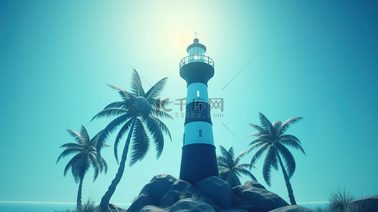 隔离在蓝色背景上灯塔海和棕榈树的 3D 插图