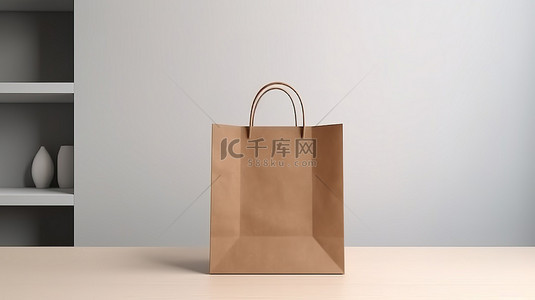 白色背景上带有棕色购物袋模型的现代木质柜台的 3D 渲染