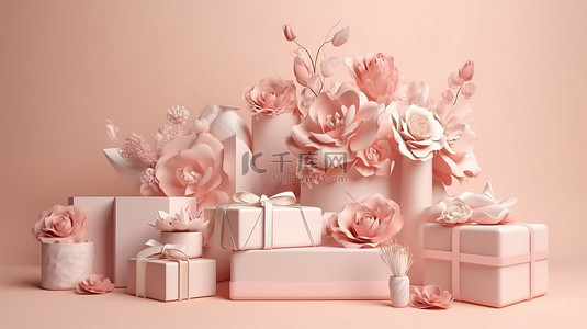 优雅的 3D 讲台演示，在柔和的米色和粉色背景上装饰着花束和礼物