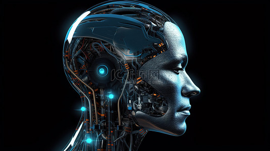 科幻屏幕背景图片_由人工智能机器人头 3D 渲染创建的数字界面