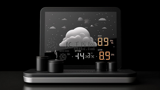 时尚的无线家庭气象站，在黑色背景 3D 渲染上显示实时手机更新