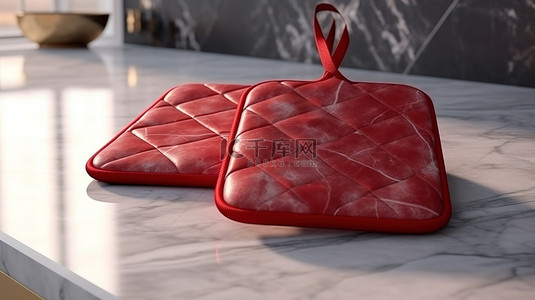 模型大理石表面上孤立的红色隔热垫的 3D 渲染