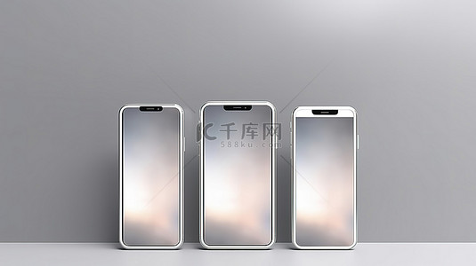 灰色手机背景图片_3D 渲染三重奏智能手机在灰色背景上显示白色屏幕，非常适合设计模型