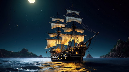 满月海洋上的古代海盗船 3D 可视化