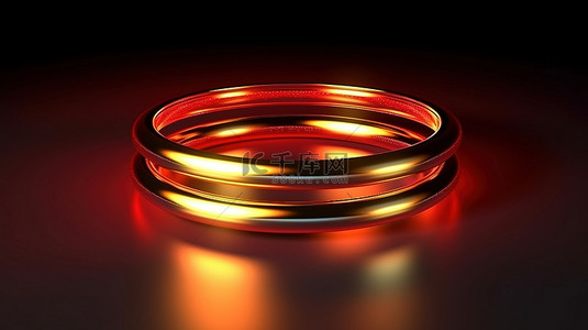 红光反射照亮 3D 渲染背景中精美的金戒指