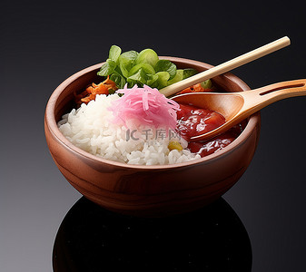 用木勺盛一碗米饭和蔬菜