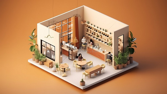 咖啡简餐背景图片_极简主义咖啡馆商店，具有开放式室内建筑的等距视图数字艺术 3D 渲染