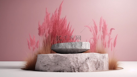 石头草地背景图片_粉红色的草地以惊人的 3D 渲染环绕着美丽的石头讲台