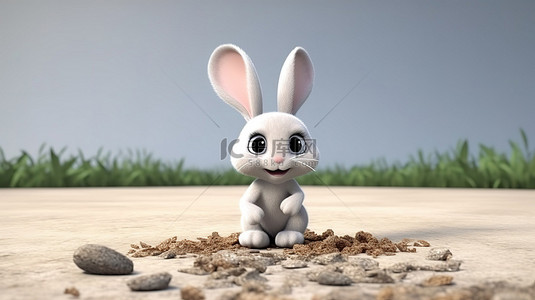 3D 渲染中从地面出现的兔子角色