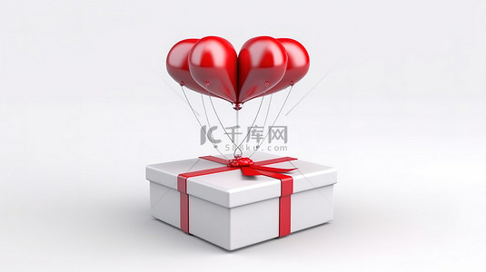 降落伞背景图片_孤立的 3D 插图，显示一个白色盒子，系着红色蝴蝶结，并在白色背景上设有降落伞