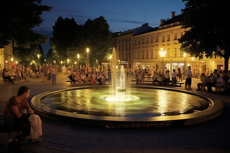 一个美丽的广场，晚上有喷泉和人们