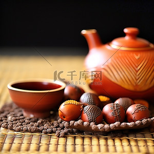 茶壶和茶叶放在橙子和壶旁边的垫子上