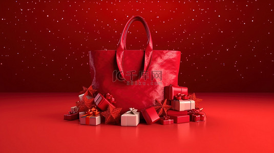 敲鼓gif背景图片_3d 渲染的红色背景，带有装满圣诞礼物的节日袋
