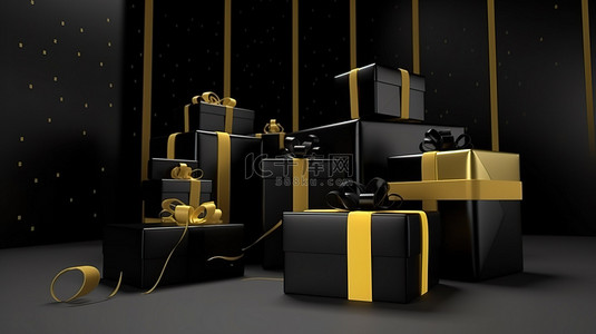 以 3D 渲染的黑色和黄色礼品盒，用于庆祝活动，包括黑色星期五圣诞节新年和生日
