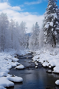 水墨风景山群背景图片_河里被雪覆盖了，还有一群树