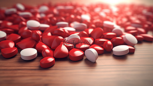 红心形木桌堆满保健药丸 3D 渲染图像