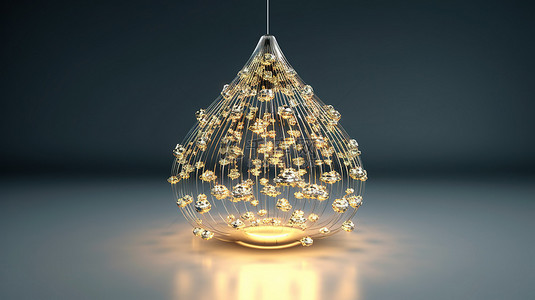 圣诞树上带有水晶玻璃吊球的精致金线装饰品的 3D 渲染