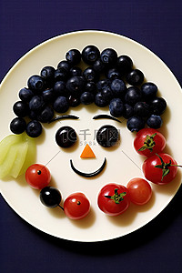 西红柿可爱背景图片_一盘水果和一个瓜，像一个小黑娃娃，里面有樱桃和香蕉