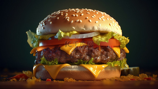 马苏里拉芝士碎背景图片_多汁的牛肉和奶酪汉堡 3D 呈现经典的快餐美食