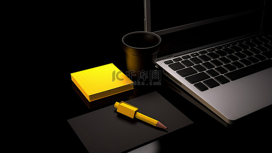 黑色背景的 3D 渲染，带有笔键盘和用于复制空间的空白便条纸