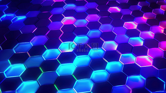 荧光蓝荧光背景图片_带有抽象照明的充满活力的霓虹灯紫外蓝色和紫色六边形图案的 3D 渲染插图