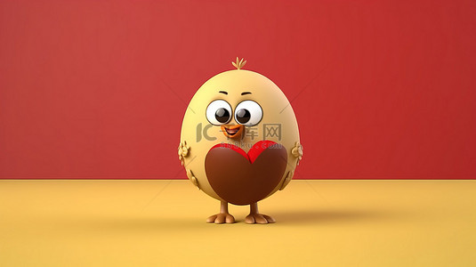 黄色背景美食背景图片_黄色背景 3D 渲染一个带有红心的拟人化棕色鸡蛋吉祥物