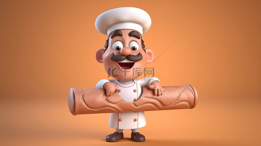 美味厨房背景图片_卡通风格 3D 插图，厨师挥舞着巨大的擀面杖