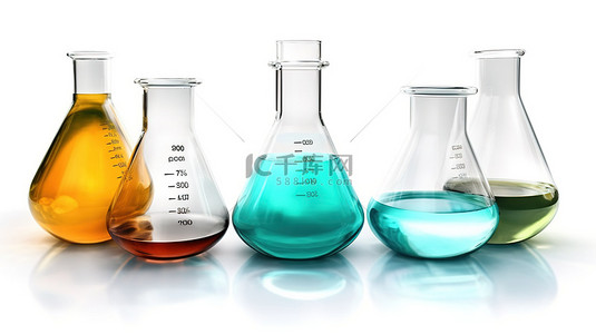 化学实验室器皿背景图片_白色背景上的 3D 渲染化学烧瓶和实验室玻璃器皿