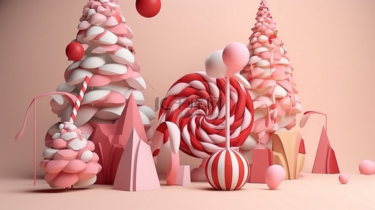 白色的圣诞树背景图片_异想天开的圣诞树卡通与礼品盒球和糖果手杖 3d 渲染