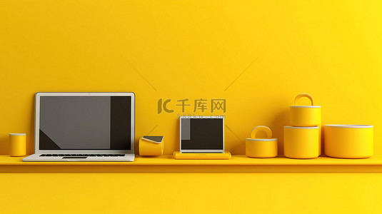 黄色墙架横幅的 3D 插图，配有电脑笔记本电脑手机和平板电脑