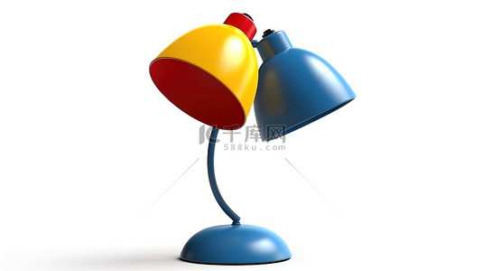 白色背景隔离蓝色黄色和红色台灯的 3D 插图