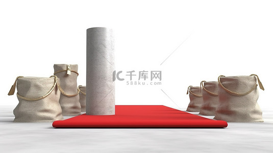 水泥行业背景图片_胜利的水泥袋和纸袋在白色背景 3D 渲染与红地毯