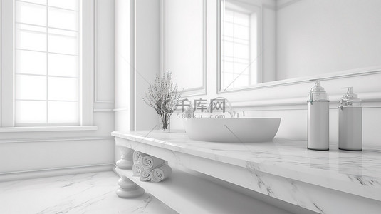 华丽的白色浴室背景，在 3D 渲染的白色台面上设有模型区域