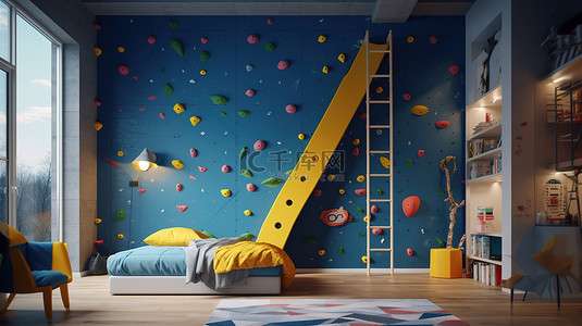 儿童卧室攀岩墙的当代海军色 3D 插图