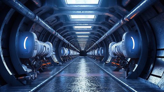 科幻风格的未来太空飞船隧道的 3D 渲染