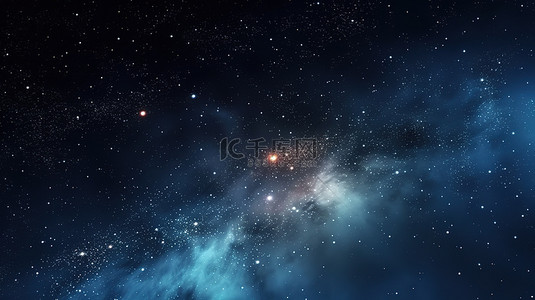 午夜的天空，闪烁着星星和发光的星系，水平背景横幅上有银河系和宇宙的 3D 插图