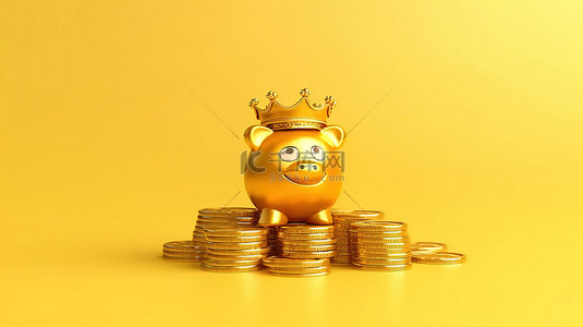 富丽堂皇的存钱罐，配有皇冠和充满活力的黄色背景上堆放的硬币，象征着通过 3D 渲染实现储蓄和盈利投资