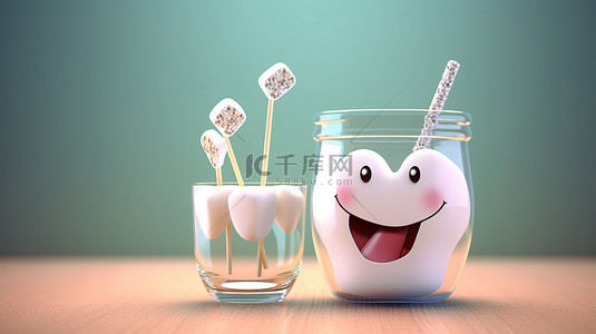 笑容牙齿背景图片_玻璃中卡通牙齿和牙刷的可爱 3D 渲染
