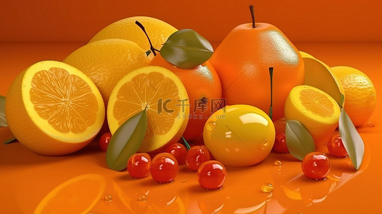 柠檬和樱桃的 3d 渲染反映在橙色背景上，非常适合水果食品摄影