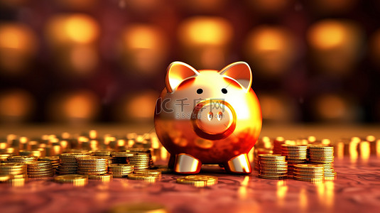 金融储蓄背景图片_金存钱罐的 3D 插图，带有成堆的金币，是金融储蓄和投资概念的象征性表示
