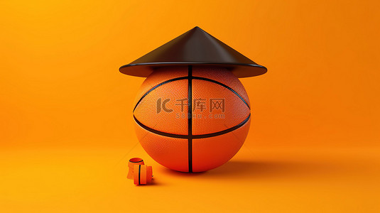 3d 渲染黄色背景与橙色篮球球和毕业帽