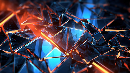 碎玻璃科技背景图片_碎玻璃抽象三角形技术的发光 3D 插图